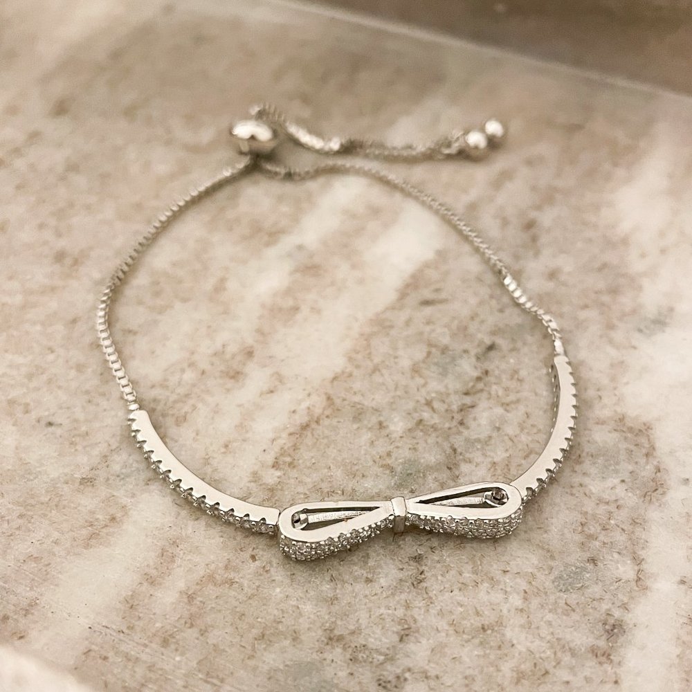 925 Sterling Silver Diamond Bow Bracelet Toggle Dainty Box Chain Bracelet - Picture 2 of 5